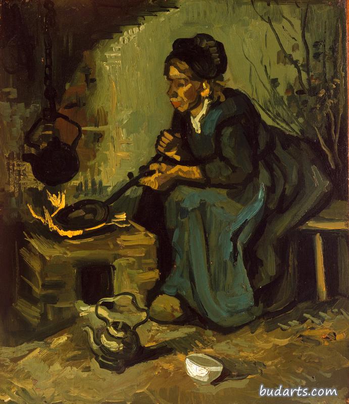 在壁炉旁做饭的农妇