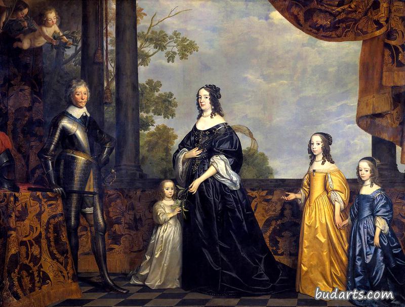弗雷德里克·亨德里克，奥兰治王子，他的妻子阿玛莉亚·范·索姆斯和他们的三个女儿