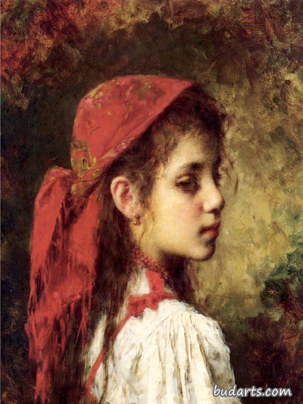 一个戴红头巾的年轻女孩的画像