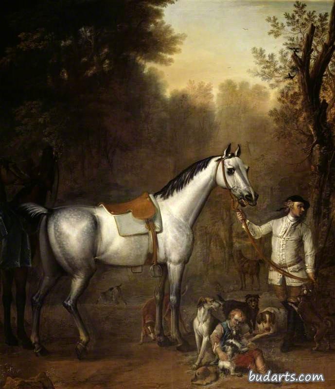 韦茅斯子爵的狩猎：一个新郎牵着一个带着猎犬和猎犬的带鞍灰色猎人