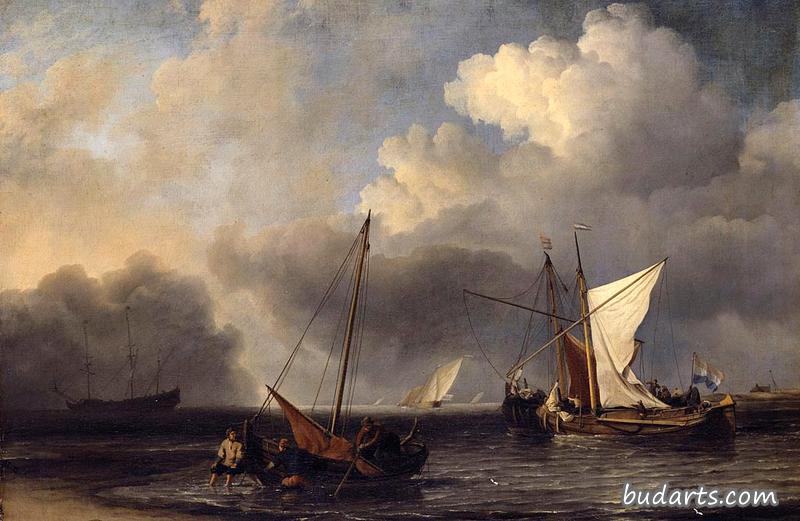 荷兰海岸的船只在微风中航行