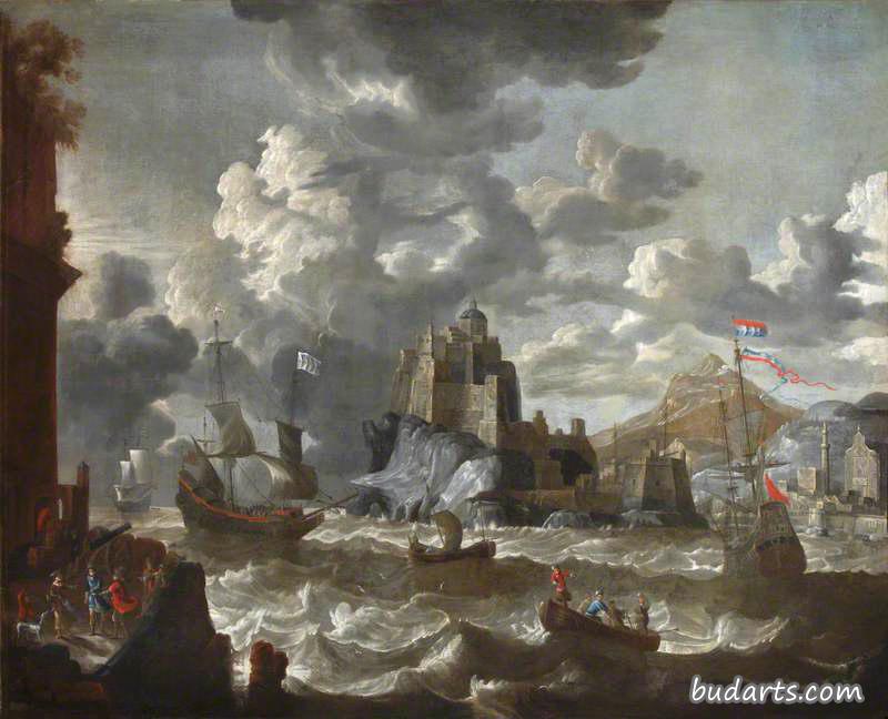 地中海港口的景色，波涛汹涌的海上有船，中间有一座堡垒