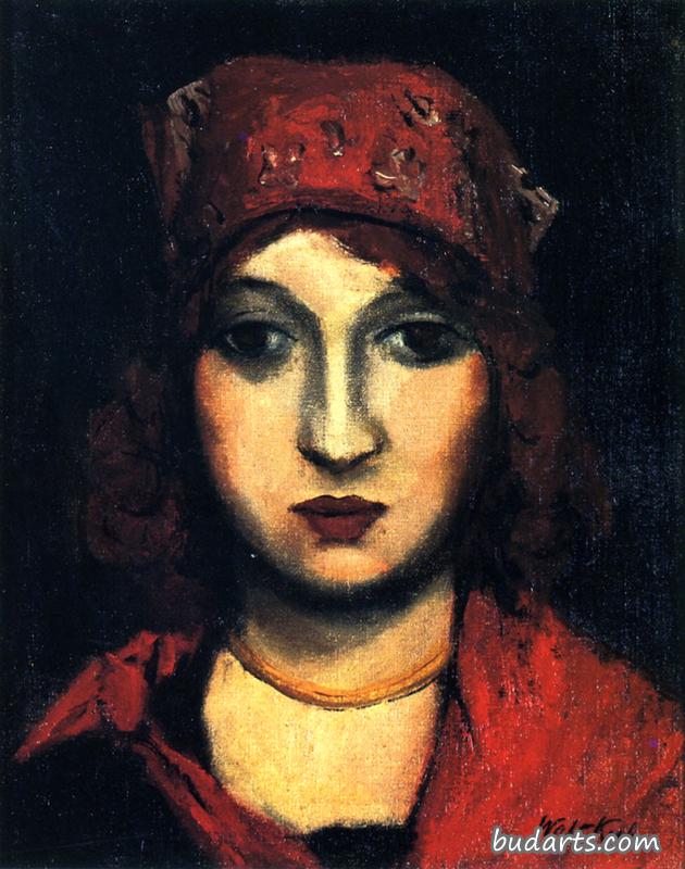 一个拿着红头巾的女人的画像