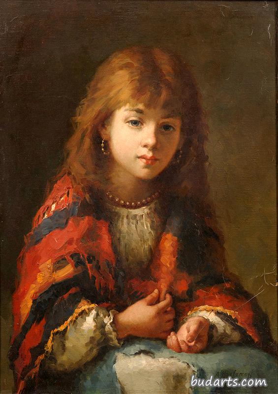 一个戴红色披肩的年轻女孩的画像