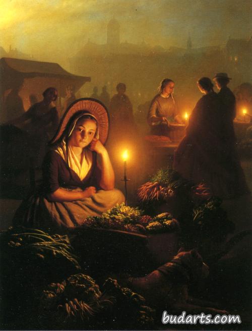 A Young Girl Selling Vegetables at the Night Market, with the Dam Palace and the Nieuwe Kerk in the Distance, Amsterdam