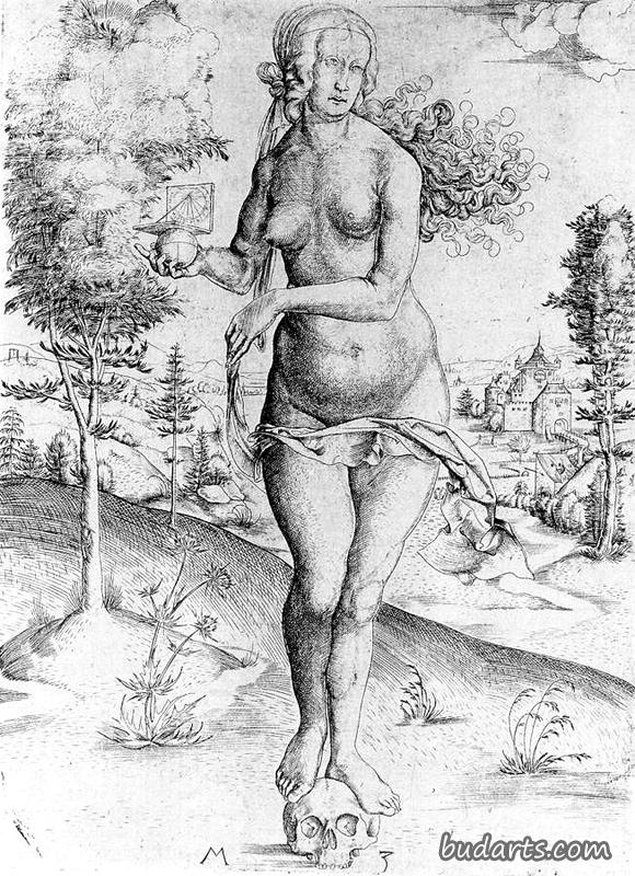 纪念品莫里（裸女手持日晷，站在骷髅上，背景风景）