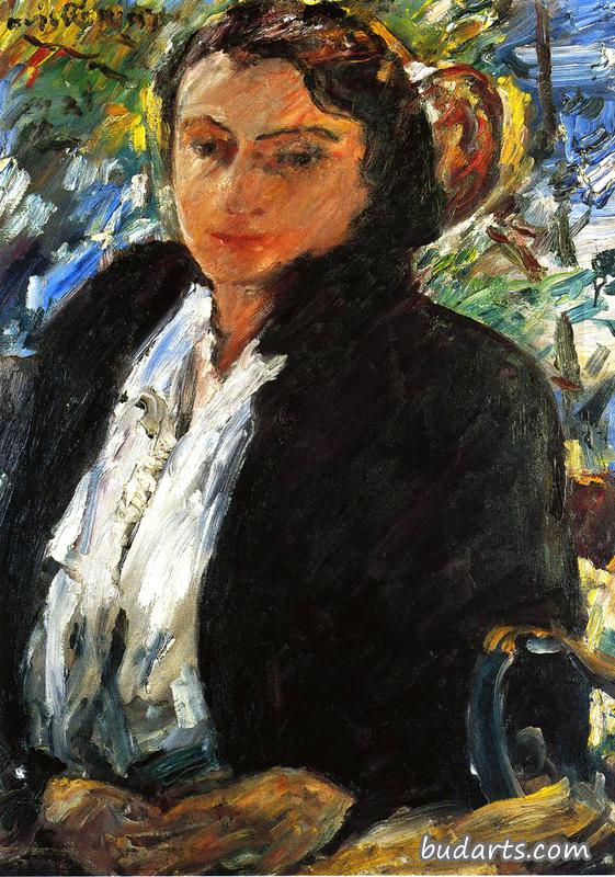 夏洛特·贝伦德·科林斯身穿绿色天鹅绒夹克的肖像