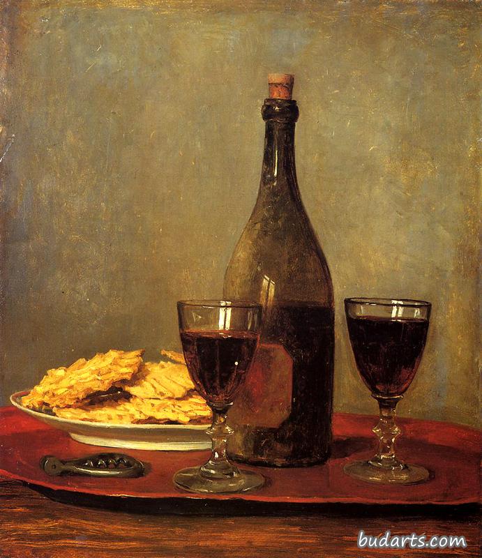 静物：两杯红酒，一瓶葡萄酒；一个螺旋塞和一盘饼干放在托盘上