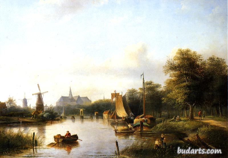 A View of the River Spaarne, Haarlem, with Moored Shipping and a Hay-Barge, the St. Bavo Church in the Background