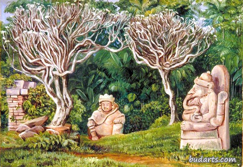 爪哇岛，Singosari的印度教神像和弗兰吉帕尼树