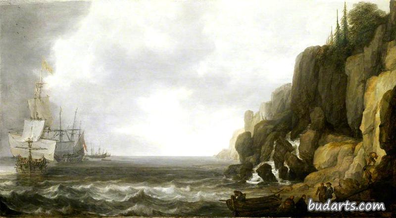 荷兰船只在岩石海岸附近翻修