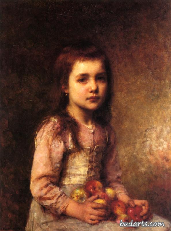 一个拿着苹果的年轻女孩的画像