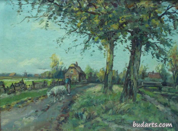 Farmer with sheep on country road at Rijpwetering