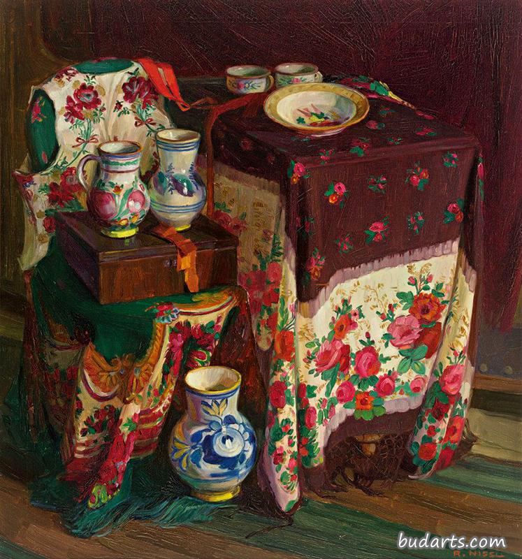 特兰西瓦尼亚刺绣和陶瓷静物画