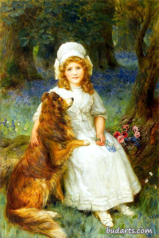 一个小女孩带着宠物牧羊犬坐在一个有花的原木上