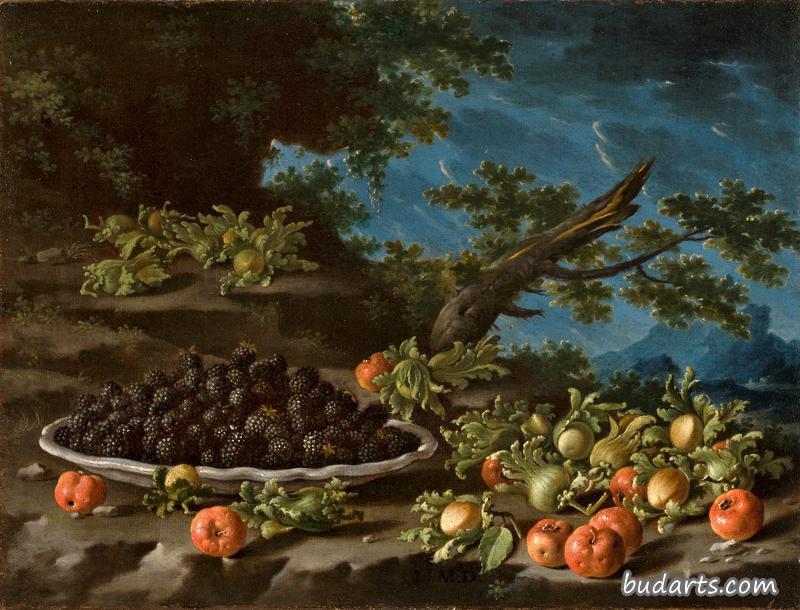 静物画中有一碗浆果、针叶樱桃和榛子