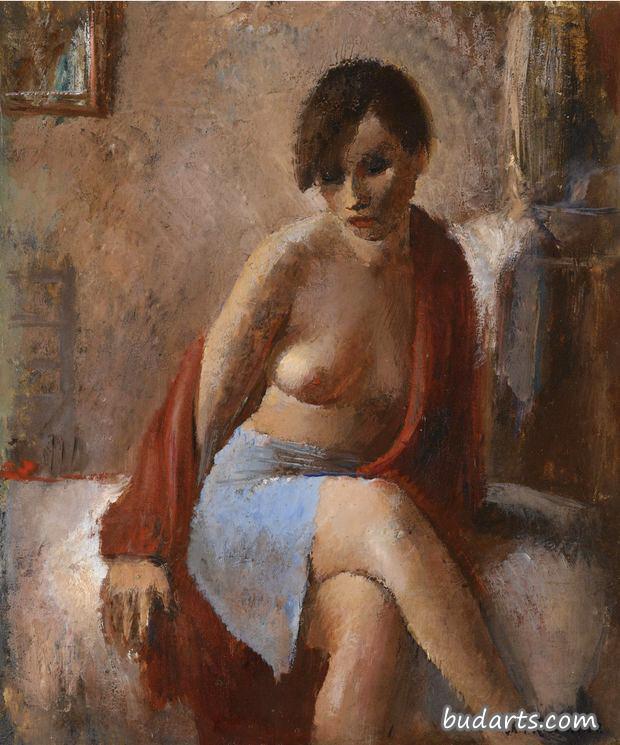 一位穿着蓝色裙子的女士的画像