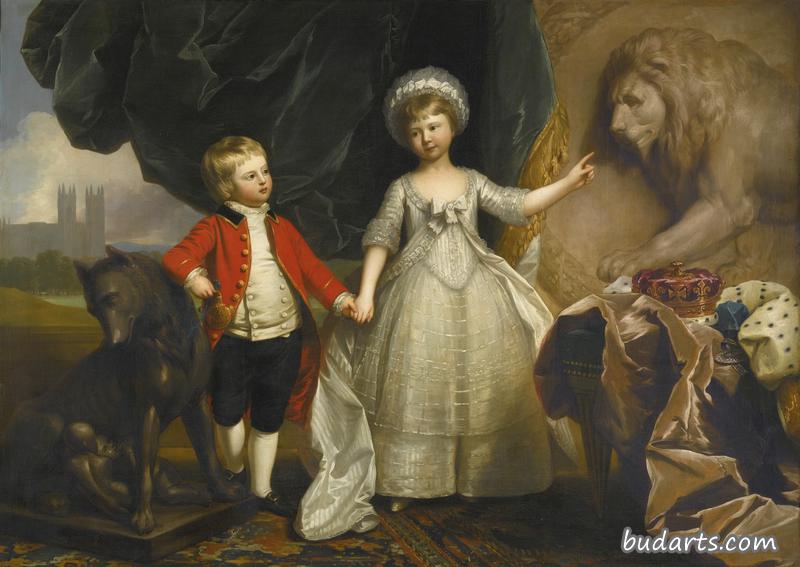 威廉王子、格洛斯特公爵和爱丁堡公爵及其妹妹索菲亚公主的肖像