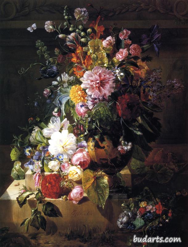 Still Life with Roses, Peonies, Lilac, Morning Glories and other Flowers in a Greek Vase on a Stone Plinth