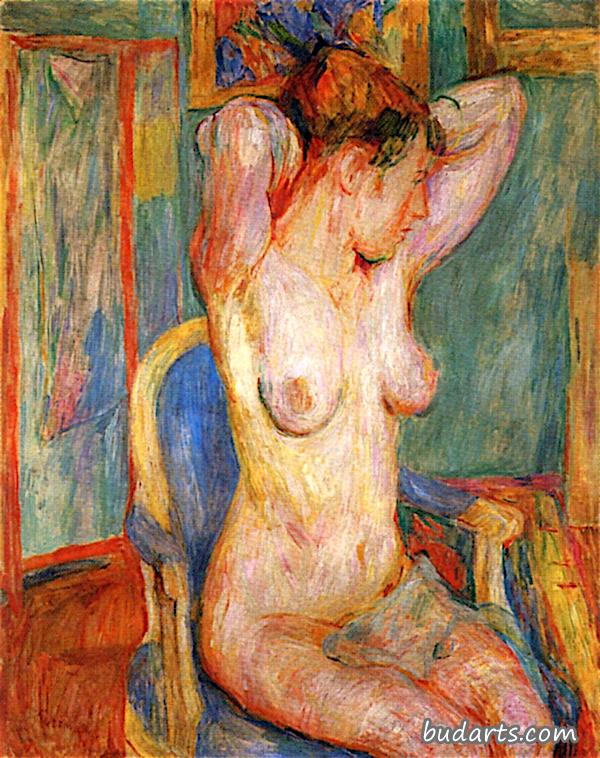 女性裸体坐在蓝色椅子上