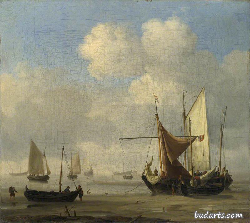 荷兰小型船只在平静的低水位搁浅