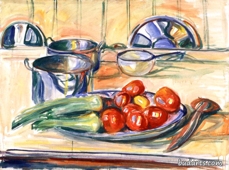 有西红柿、韭菜和砂锅的静物画