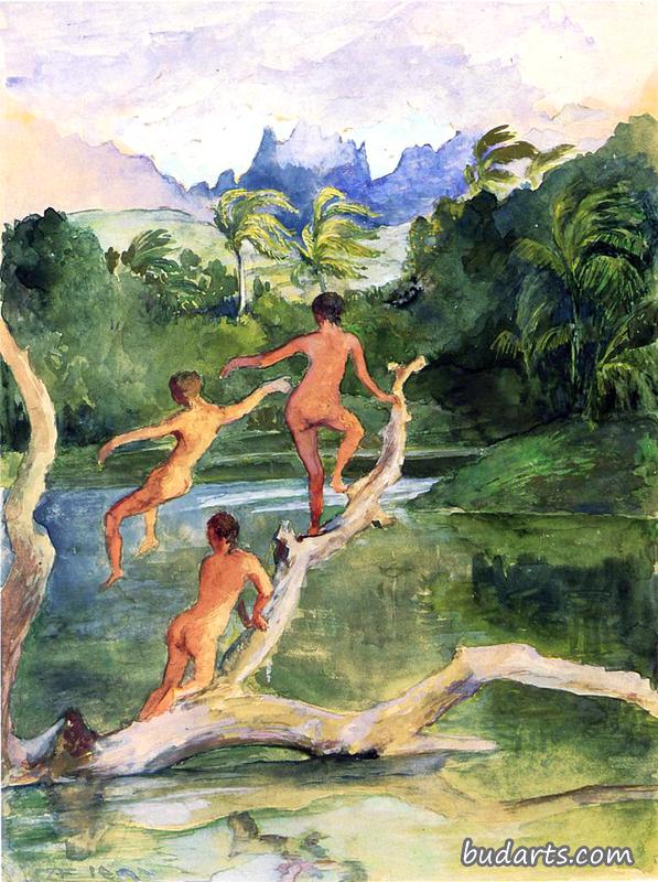 Girls Bathing on the Shore near Papeete in an Outlet of the River Fautaua.  The Diadem or Crown Mountain in Distance. Northwest Wind Blowing - Later Afternoon, February