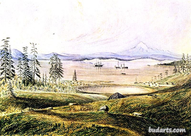 View from Hill on San Juan Island Looking South with Ontario Roads, Active and Ewing at Anchor, Lopez Island and Mount Baker in the Distance