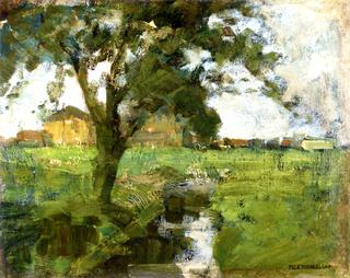 Farm scene with Tree in the Foreground and Irrigation Ditch