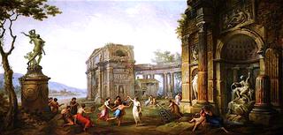 Capriccio of Figures Dancing amongst Classical Ruins, with a Statue of the Rape of Proserpine