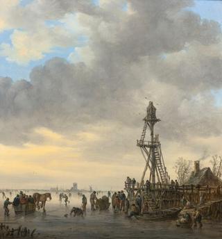 A wooden landing stage on a frozen river, churches and a windmill at left on the distant shore