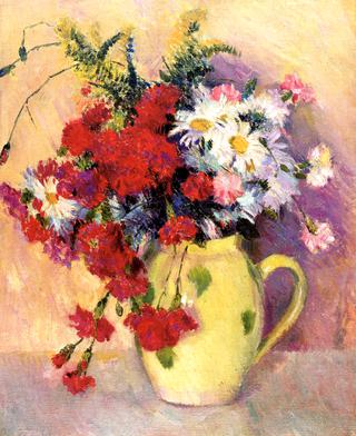 Carnations and Dasies in a White Pitcher