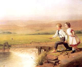 Children Fishing with Their Catch, Two Perches and a Bream