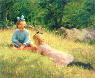 Girls Playing on a Hillside