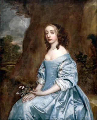 一位手持鲜花的蓝衣女士的画像