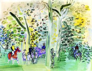 Horses and Jockeys in the Wood