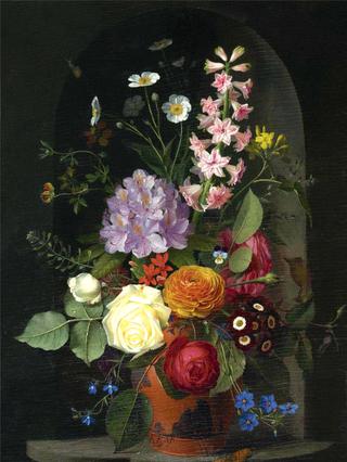 Otto Didrik Ottesen A Bouquet In A Wedgwood Rosso Antico Vase, Set In A Niche