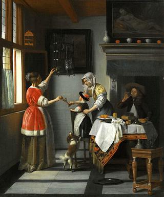 Interior with a Child Feeding a Parrot