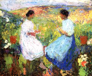 Deux Femmes assises face à sur une balustrade de Pierre