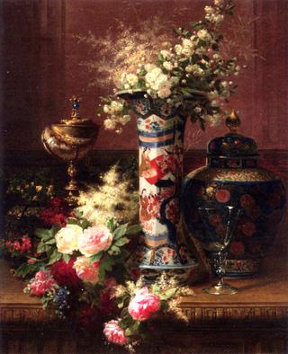 Roses, Peonies and Forget-me-nots in a Japanese Vase