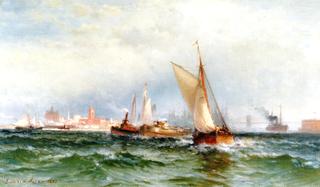 Steamships and Sailing Boats in New York Harbor