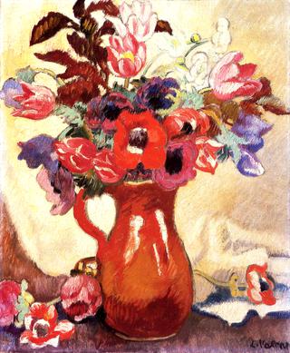 Bouquet of Anemones and Tulips in a Brown Pitcher