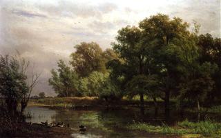 A Wooded River Landscape with Ducks on a Bank