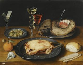 Still Life of a Roast Chicken, a Ham and Olives on Pewter Plates with a Bread Roll