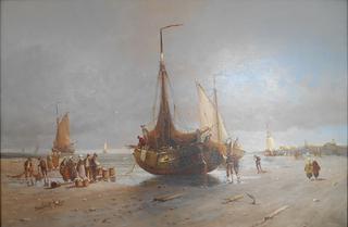 Beach scene with flat-bottomed boats and fishermen
