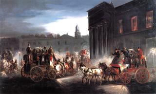 The Edinburgh Mail Coach and other Coaches in a Lamplit Street