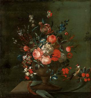 Roses, chrysanthemums, convolvulus, a parrot tulip and other flowers in an urn