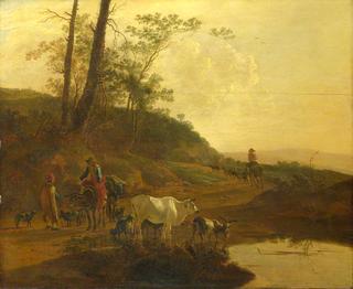 Muleteers and a Herdsman with an Ox and Goats by a Pool