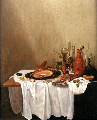 A Ham on a Pewter Plate, a Peeled Lemon, Various Jugs and Glasses, all on a Partially Draped Table