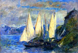 Boats with Large Sails on the Lac Léman at Meillerie in Haute-Savoie